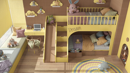 Modern wooden children bedroom with bunk bed in yellow and pastel tones, parquet, window, sofa, desk with chair, wardrobe, carpet, toys and decors. Top view, above, interior design