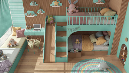 Modern wooden children bedroom with bunk bed in turquoise and pastel tones, parquet, window, sofa, desk with chair, wardrobe, carpet, toys and decors. Top view, above, interior design