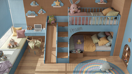 Obraz na płótnie Canvas Modern wooden children bedroom with bunk bed in blue and pastel tones, parquet, window with sofa, desk with chair, wardrobe, carpet, toys and decors. Top view, above, interior design