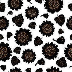 Floral pattern. Seamless pattern with large sunflower flowers, small buds on a branch, various foliage on. Botanical print with autumn mood. Vector print.