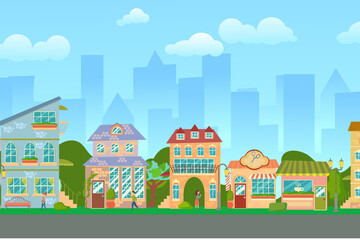 City street. Panoramic cityscape with bright houses, walking pedestrians. Shop and stores. Summer city. Vector illustration in cartoon style.