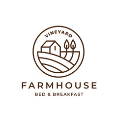 Vineyard farmhouse logo. Country guest house icon. Bed and breakfast farm cottage sign. Countryside wine estate symbol. Vector illustration. © JoelMasson