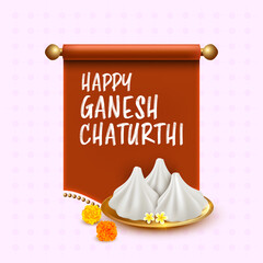 Sweet dessert Modak in plate - Happy Ganesh Chaturthi illustration with festival elements