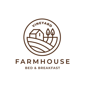 Vineyard Farmhouse Logo. Country Guest House Icon. Bed And Breakfast Farm Cottage Sign. Countryside Wine Estate Symbol. Vector Illustration.