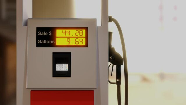 Gas pump display and high prices in dollars for fuel gallons. Rising numbers on gas station pump lcd display. 3D rendering animation