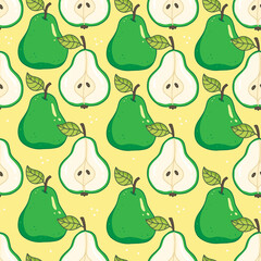 Seamless pattern with green pears with leaves. Vector fruit food illustration background.
