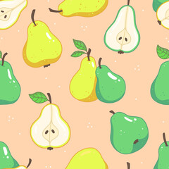 Seamless pattern with green and yellow pears with leaves on a pink background. Vector fruit food illustration background.