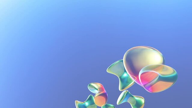 Abstract shaped soap bubbles and blue sky. 3D rendering colorful soap bubble looking shapes background animation