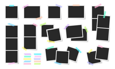 Photo frames vector set. Colorful scotch tape strips. Photos with scotch strips. Frames collection.