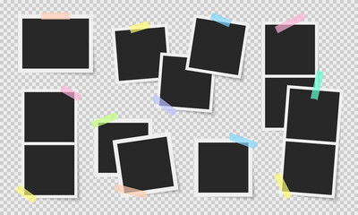 Photo frames vector set. Colorful scotch tape strips. Photos with scotch strips. Frames collection.