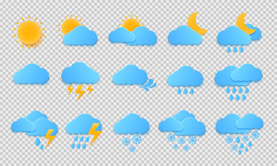 Weather symbols vector set. Weather forecast design elements. Sunny, rainy, windy, cloudy or snowy day forecast.