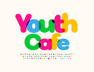 Vector creative logo Youth Cafe with bright watercolor Font. Artistic Alphabet Letters, Numbers and Symbols set