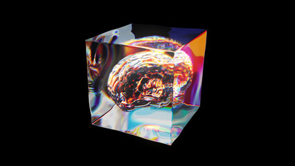 Human brain inside glass cube abstract composition with detailed reflection and dispersion 3d render.