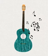 Poster Contemporary art collage of drawn acoustic guitar and music noted isolated over light background. Concept of ideas, aspiration, imagination. Design for card, magazine cover © master1305
