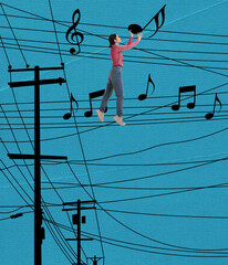 Contemporary art collage of young girl hanging drawn music notes on wires isolated over blue...