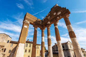 Ancient ruins of the Capitolium Roman Temple (Tempio Capitolino) in Brescia downtown, 73 AC, UNESCO world heritage site, Lombardy, Italy, Europe.
