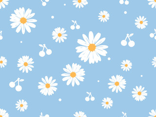 Seamless pattern with daisy flower and cherries on blue background vector.