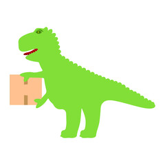Tyrannosaur icon. Funny delivery concept. Cute dinosaurus delivering box to customer.