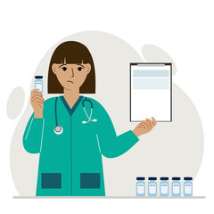 The concept of vaccination. The doctor is holding a vaccine and a document. Delivery of the vaccine. Social media campaign concept, flyer.