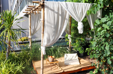Beautiful white tents and garden camping decorations.