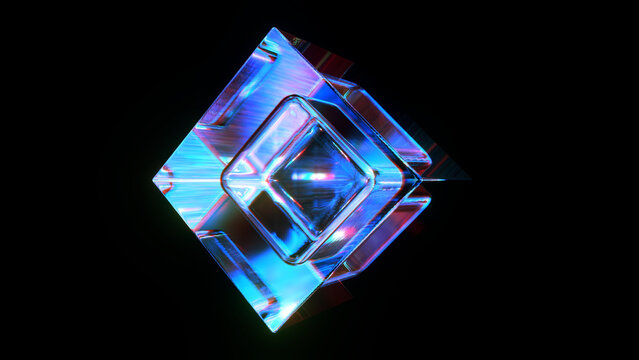 3d rendered abstract cube with detailed reflection and dispersion.