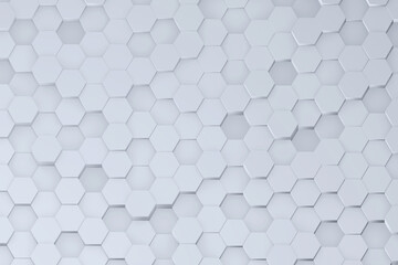 White hexagon shape moving up down randomly. Abstract top view honeycomb 3D illustration rendering