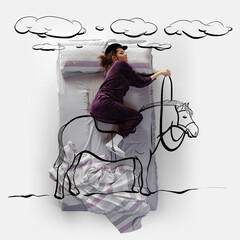 Creative image. Top view of young woman lying on bed, sleeping, dreaming about riding horse,...