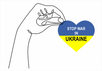 Russian-Ukrainian conflict. Hand gesture holding Ukraine flag in the shape of heart with lettering in cartoon flat style. National security society, prevention of war in Ukraine. Sovereign country.