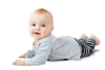 Seven month old baby child sitting on white background isolated with clipping path.