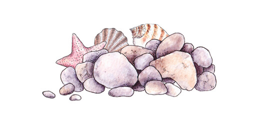 Watercolor hand drawn illustration of shells, starfish and sea pebbles isolated on white background.
