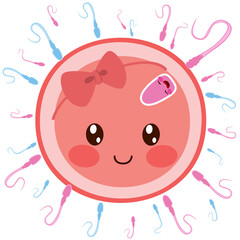 Fast pink sperm on egg cell fertilizing. Baby will be born vector illustration concept