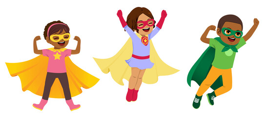 Strong cute little boy and girls dressed like super hero kids isolated on white background. Vector illustration.