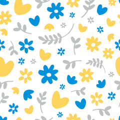 Fototapeta na wymiar Seamless pattern of flowers, leaves and hearts in blue and yellow colors. Cute illustration for background, wrapping paper, wallpaper, fabric.