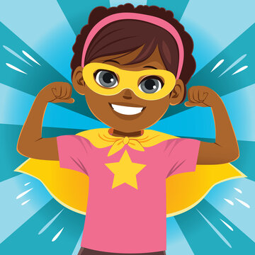 Little happy girl dressed like superhero kid with smiling mouth show power. Vector illustration.