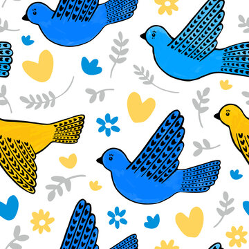 Seamless pattern of hand drawn peace doves in blue and yellow colors. Cute illustration for background, wrapping paper, wallpaper, fabric.