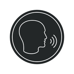 Voice control graphic icon. Speaking man sign in the circle isolated on white background. Silhouette speaking male head. Vector illustration