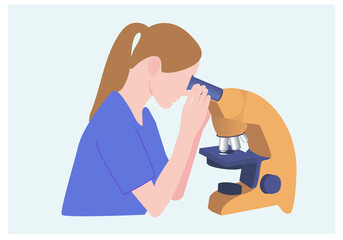 woman Doctor with blond hair looks into an orange microscope on a blue background, side view, vector, illustration