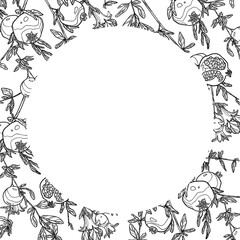 Card with pomegranate branches. Outline hand-drawn graphic