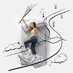 Creative image. Top view of young woman lying on bed, sleeping, dreaming about victory, raching...