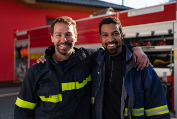 Happy firefighters crew with fire station and truck in background looking at camera.