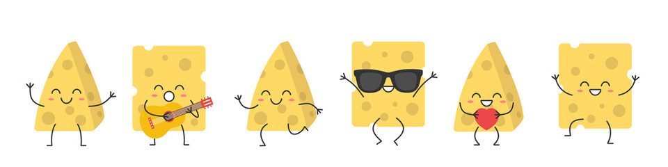 Set pieces of cheese cute character cartoon greeting jumping loves sings running smiling face happy joy emotions vector illustration. © Neoncat