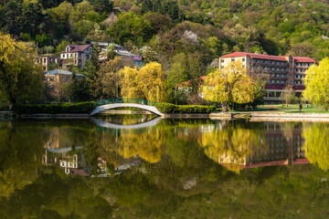 Beautiful view of small lake at Dilijan city park on sunny morning