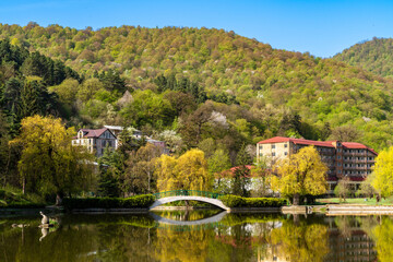 Beautiful view of small lake at Dilijan city park on sunny morning