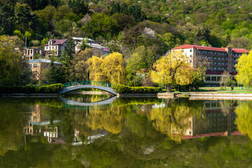 Fototapeta premium Beautiful view of small lake at Dilijan city park on sunny morning
