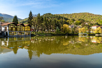 Fototapeta na wymiar Beautiful view of small lake at Dilijan city park on sunny morning