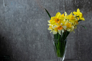 Panoramic grunge background with yellow daffodil flowers. Pattern with a bouquet of daffodils...