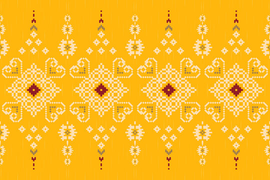 Beautiful Ikat geometric ethnic oriental pattern traditional on yellow background.Aztec style,embroidery,abstract,vector,illustration.design for texture,fabric,clothing,wrapping,carpet,modern rug.