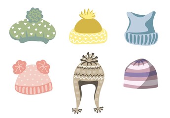 Colorful knitted winter hats set. Cute hand drawn elements for winter design. Winter clothes. Vector illustration.