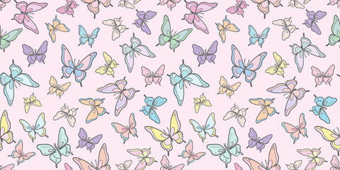 Colorful cartoon butterfly vector pattern, repeat tile