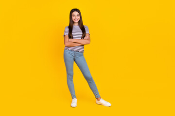 Full length body size view of attractive slim cheerful girl folded arms copy space isolated over bright blue color background